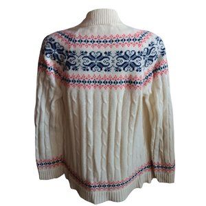Women's Medium Vintage Cardigan Sweater Nordic Cream Cable Knit Blue Red Stitch